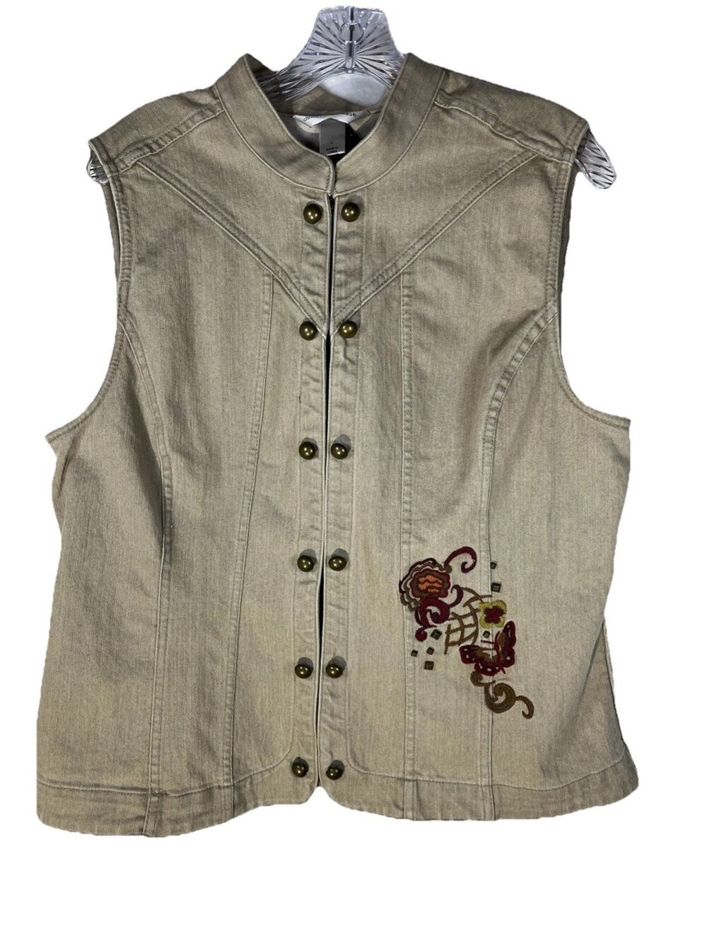 Christopher & Banks Embroidered Vest Beige Denim Studded Fall Floral Button L